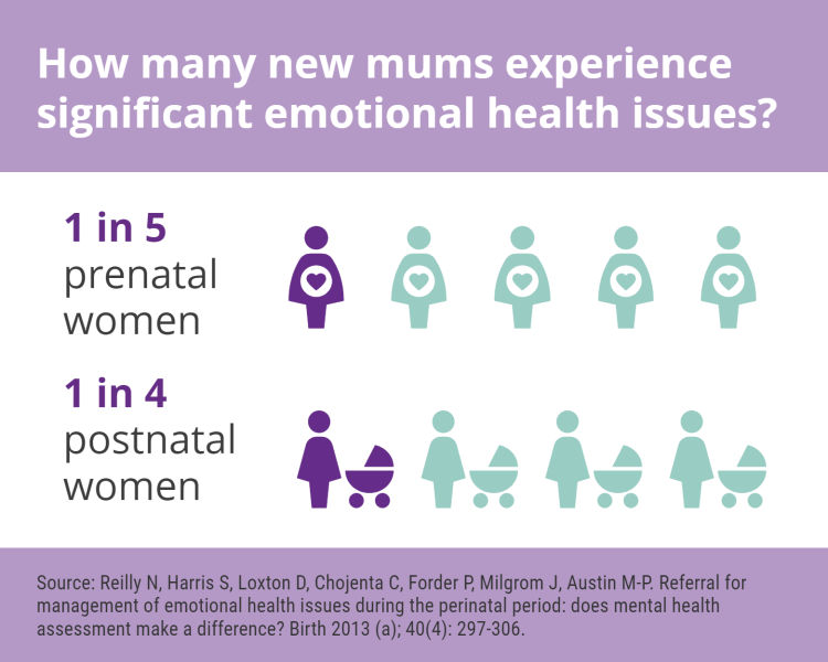 How many new mums experience significant emotional health issues? 1 in 5 prentatal women. 1 in 4 postnatal women.