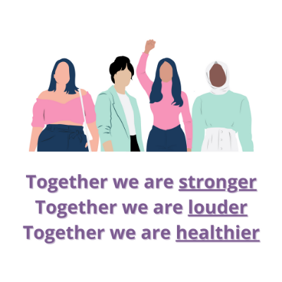 Four cartoon style women. Text reads: Together we are stronger. Together we are lounder. Together we are healthier. 